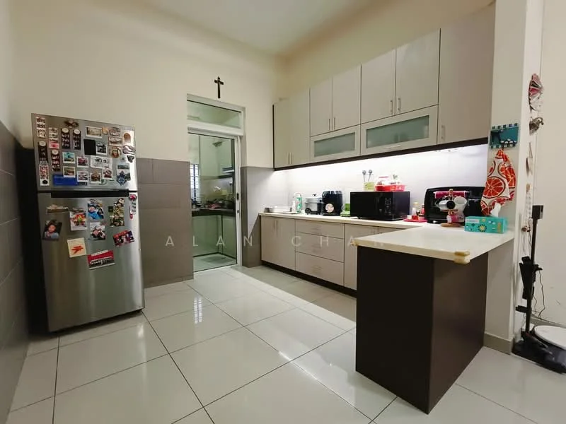 Kitchen features: grey and white cabinetry, stainless-steel fridge, white countertop, double-bowl stainless-steel sink, chrome pull-down faucet, ceramic tile flooring, recessed LED downlights, wall-mounted cabinets, open shelving, decorative wall cross, kitchen appliances, glass door to utility area; style: modern.