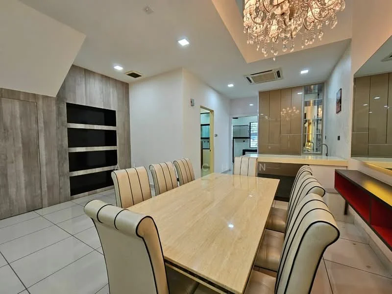 Dining features: 6-seater dining table with marble top, upholstered dining chairs with vertical stripes, chandelier with multiple bulbs, white painted walls, recessed LED downlights, built-in cabinetry with glossy finish, wall-mounted TV unit, ceramic tile flooring, air conditioning unit, open layout to kitchen, decorative wall paneling; style: modern.