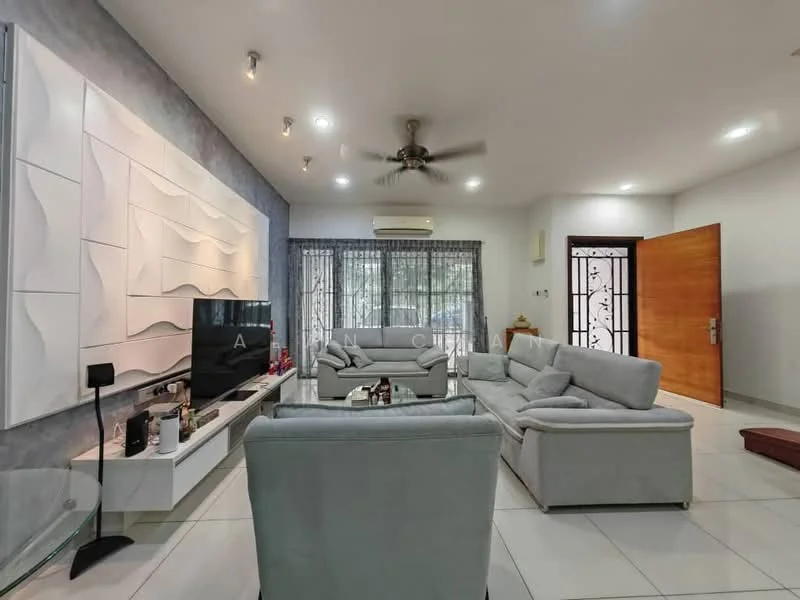 Living features: light grey fabric sectional sofa, light grey fabric armchair, white wall-mounted TV unit, black flat-screen TV, white textured feature wall, recessed lighting, 5-blade ceiling fan, large windows with sheer curtains, white tiled flooring, wooden front door, decorative wall art, coffee table, area rug; style: modern.