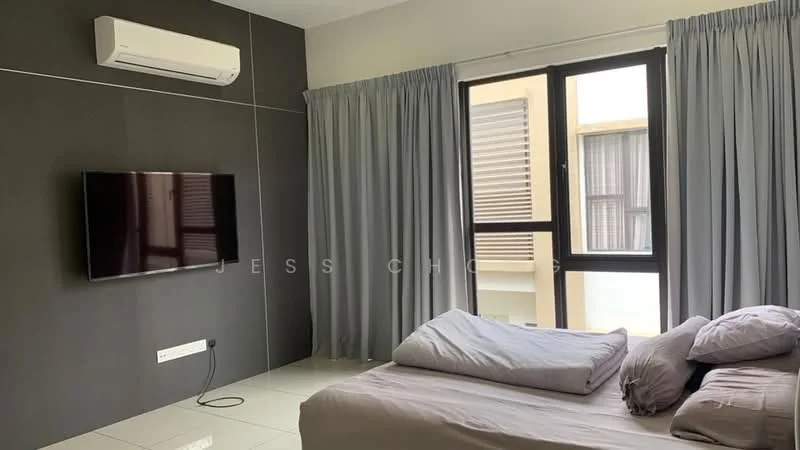 Room features: wall-mounted TV, grey accent wall, floor-to-ceiling windows, sheer curtains, blackout curtains, 1 wall-mounted split AC, white tiled flooring, bed with bedding, decorative pillows; style: modern.