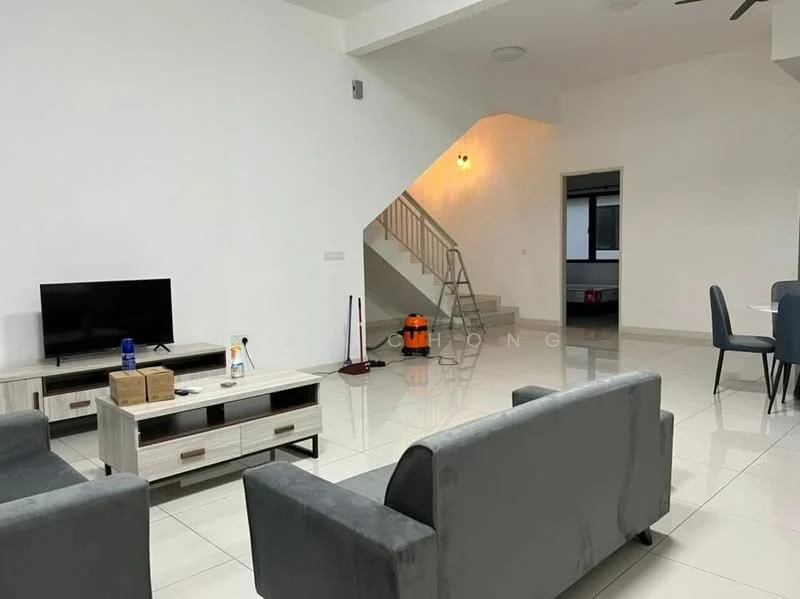 Living features: grey fabric 3-seater sofa, grey fabric 2-seater sofa, wooden coffee table, TV console, wall-mounted TV, white painted walls, glossy tile flooring, ceiling fan, recessed downlights, staircase in background, dining area visible, open layout; style: modern. Room features: white painted walls, glossy tile flooring, staircase, doorway to other room.