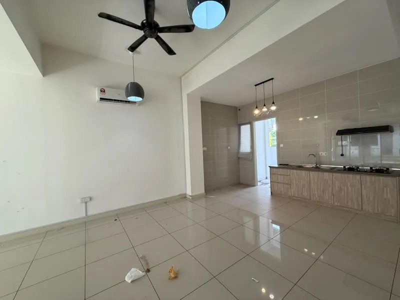 Kitchen features: white painted walls, glossy beige tile flooring, ceiling fan with light, recessed downlights, stainless-steel range hood, built-in gas hob, kitchen cabinetry with wood finish, window with natural light, open layout to living area, air conditioning unit; style: modern. Living features: glossy beige tile flooring, white painted walls, ceiling fan with light, recessed downlights, open layout to kitchen, air conditioning unit; style: modern.