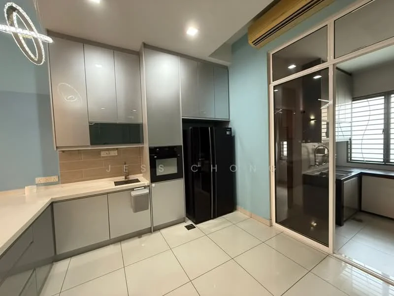 Kitchen features: grey cabinetry, white countertop, stainless-steel fridge, built-in oven, ceramic tile flooring, recessed downlights, single-bowl stainless-steel sink, chrome pull-down faucet, glass panel door, window with horizontal blinds, wall-mounted split AC; style: modern.