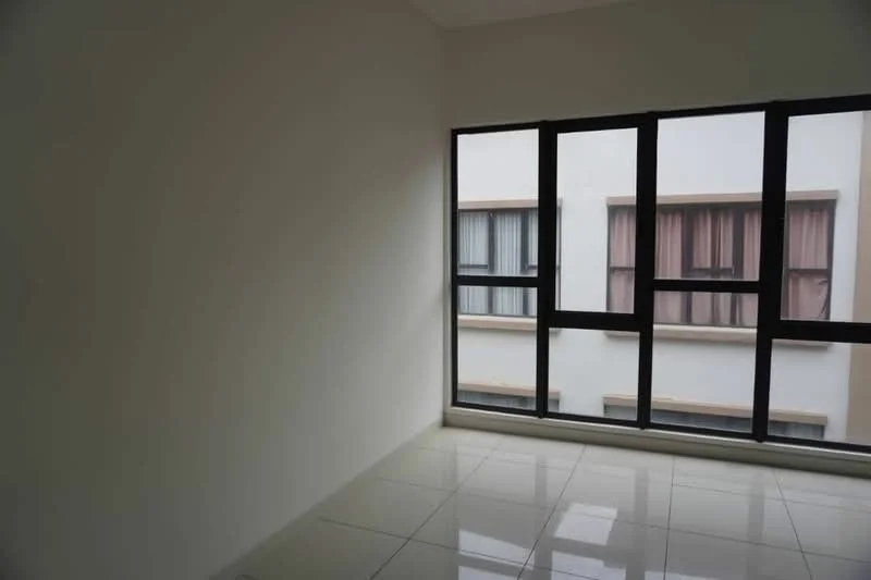 Room features: white painted walls, glossy tile flooring, floor-to-ceiling windows, sheer curtains, natural light from windows.