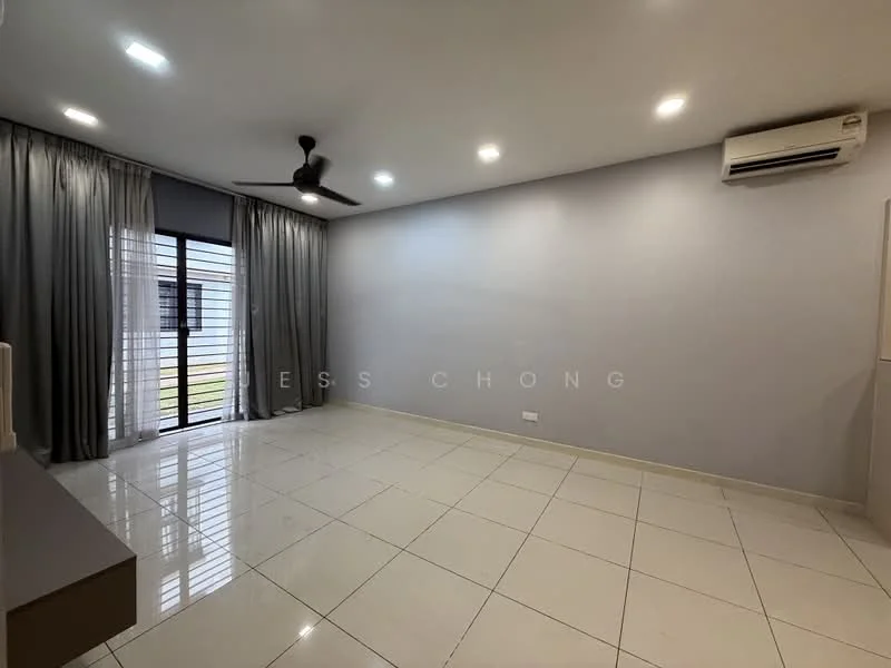 Living features: white painted walls, polished ceramic tile flooring, 5-blade ceiling fan with light, recessed LED downlights, floor-to-ceiling windows, sliding glass door, sheer curtains, air conditioning unit; style: modern; view: garden.