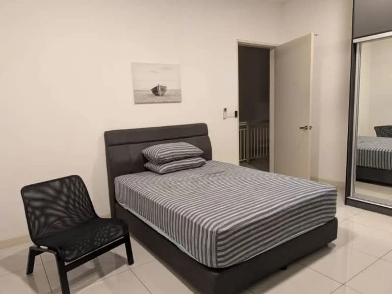 Bedroom features: queen-size bed with striped bedding, upholstered headboard, mirror-front wardrobe, white painted walls, tile flooring, black plastic chair, framed artwork on wall, door leading to hallway; style: modern.