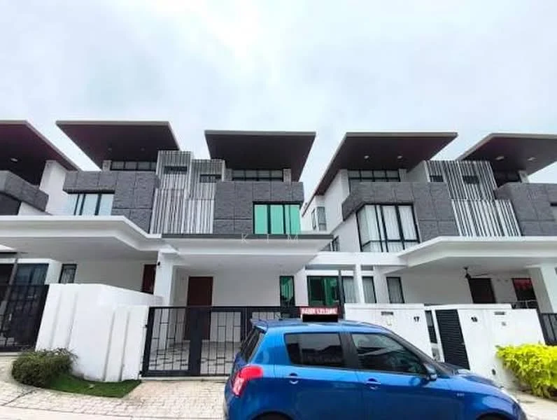 Exterior type: linked terrace house; features: grey textured facade, flat roof with overhangs, large windows with green frames, gated entrance, paved driveway, white boundary wall, manicured landscaping, two-storey structure, modern architectural design; style: modern.