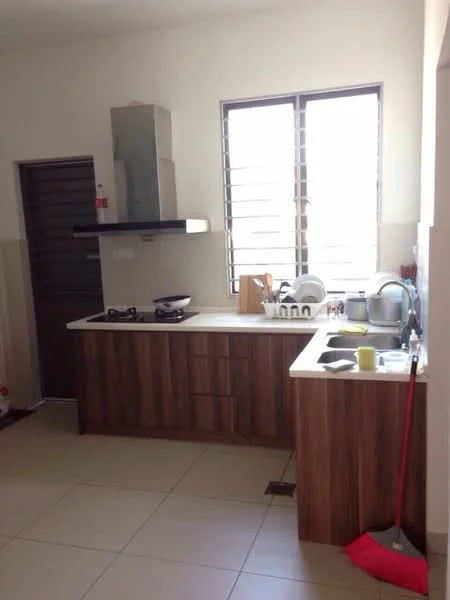 Kitchen features: wood cabinetry, white countertop, double-bowl stainless-steel sink, chrome pull-down faucet, built-in gas stove with two burners, exhaust hood, tile backsplash, window with horizontal bars, floor tiles, kitchen utensils on countertop; style: modern.