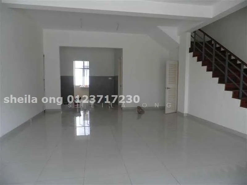 Room features: white painted walls, glossy ceramic tile flooring, large windows, staircase with wooden steps, open layout, high ceiling, neutral color scheme, no visible furniture; style: modern.