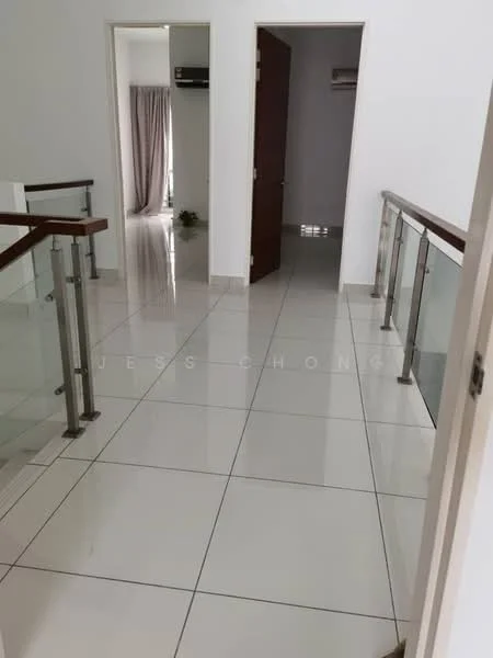 Room features: white painted walls, glossy white floor tiles, glass railing, wood handrail, recessed lighting, air conditioning unit, curtains on window, door leading to another room; style: modern.