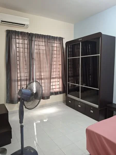 Bedroom features: white painted walls, light-colored floor tiles, large sliding wardrobe with mirrored doors, brown curtains, 1 ceiling fan, 1 bedside table, pink bedspread, natural light from window.