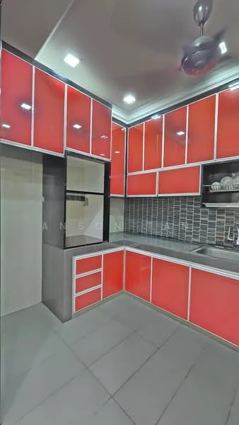 Kitchen features: red cabinetry with glass fronts, grey tiled backsplash, stainless-steel sink, single-bowl stainless-steel sink, chrome faucet, built-in shelving, grey floor tiles, ceiling fan with light, recessed ceiling lights; style: modern.