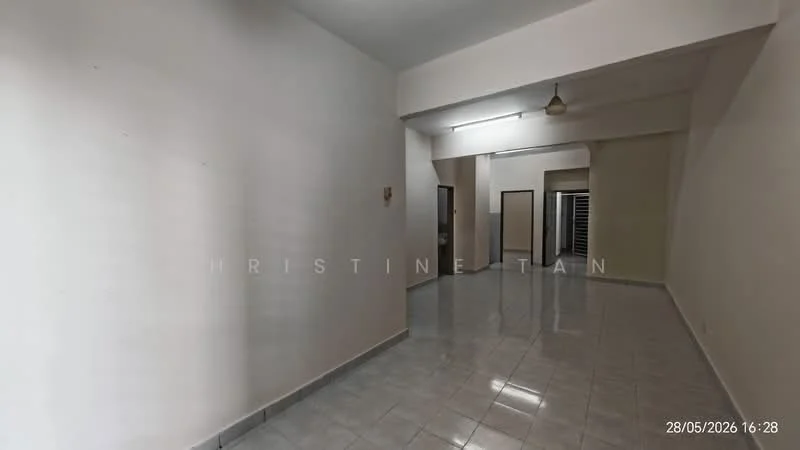 Room features: white painted walls, glossy ceramic tile flooring, recessed ceiling lights, single pendant light, open layout, doorway leading to another room, large windows, neutral color scheme; style: modern.