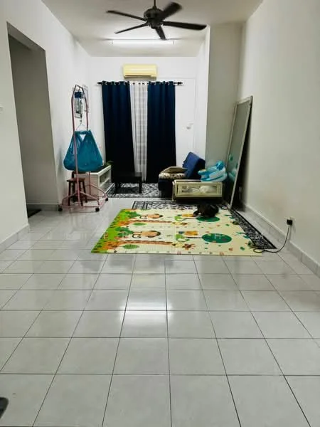 Living features: white painted walls, glossy ceramic tile flooring, 5-blade ceiling fan, blackout curtains, area rug with cartoon pattern, large mirror, sofa in blue, coffee table, decorative wall art, open shelving unit, floor lamp; style: modern.
