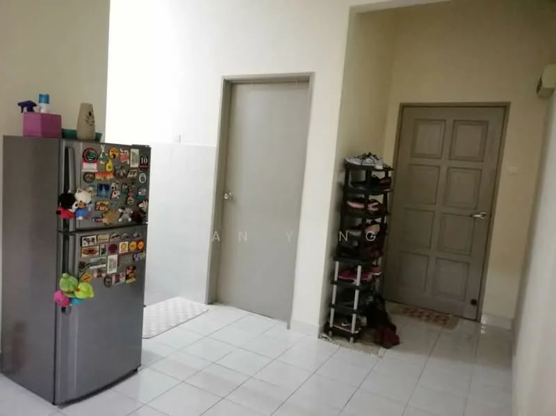 Kitchen features: stainless-steel fridge with magnets, white tiled flooring, white tiled walls, grey door, shoe rack, doorway to another room, wall-mounted air conditioning unit.