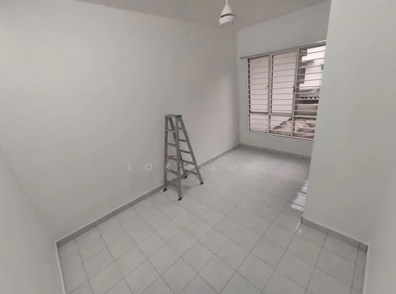 Room features: white painted walls, tile flooring, ceiling light fixture, sliding windows, grey window frames, ladder, natural light from window.