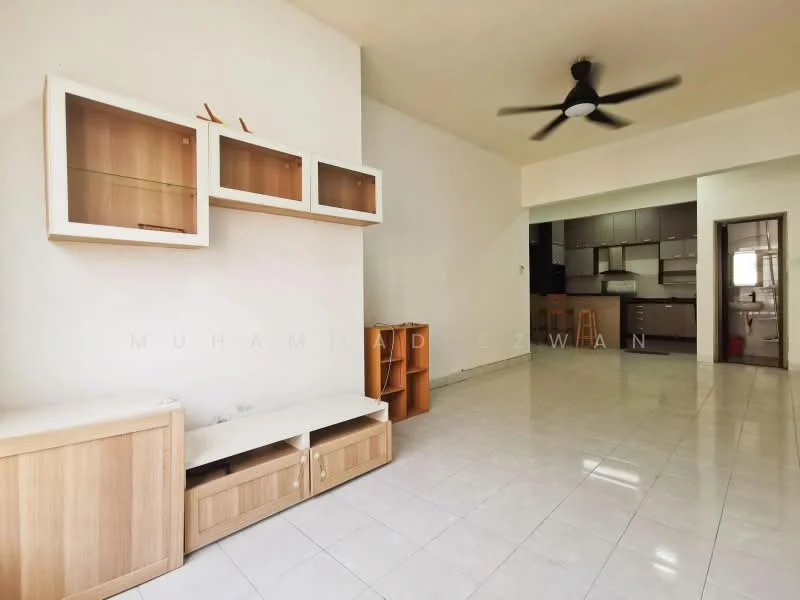 Living features: white painted walls, glossy ceramic tile flooring, 5-blade ceiling fan with light, built-in wooden TV console, open shelving unit, neutral color scheme, large open space, natural light from windows; style: modern.