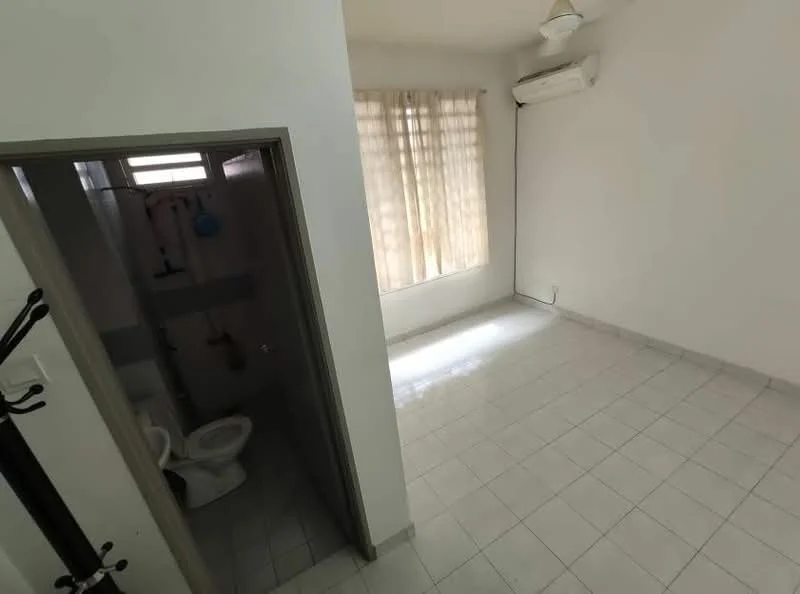 Room features: white painted walls, tile flooring, window with sheer curtains, 1 wall-mounted split AC, ceiling fan, door leading to bathroom, light-colored flooring, natural light from window.