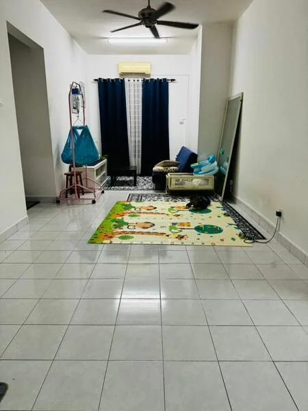 Living features: white painted walls, glossy ceramic tile flooring, 5-blade ceiling fan, blackout curtains, area rug with colorful pattern, sofa in blue, coffee table, full-length mirror, decorative wall art, laundry drying rack; style: modern.