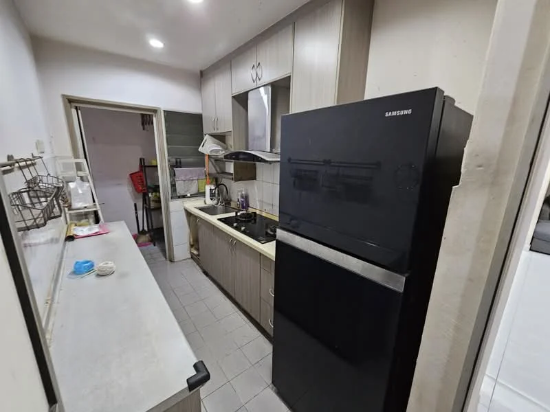 Kitchen features: black stainless-steel fridge, built-in oven, 4-burner gas hob, single-bowl stainless-steel sink, chrome pull-down faucet, laminate countertop, wood cabinetry with grey finish, tile backsplash, grey ceramic tile flooring, recessed downlights; style: modern.