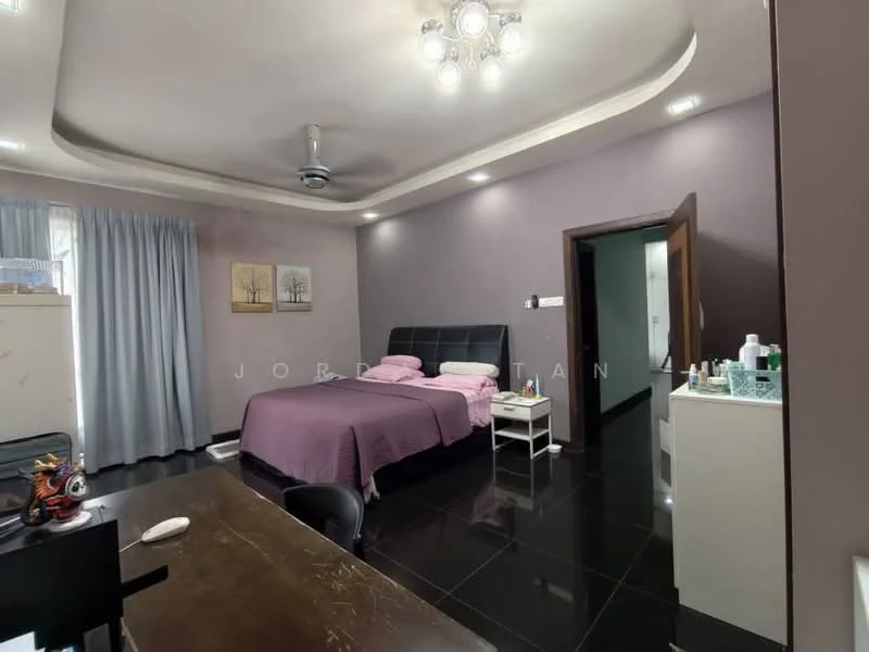 Bedroom features: king-size bed with upholstered headboard, purple bedspread, 2 bedside tables, table lamp on bedside table, wall-mounted ceiling fan, recessed ceiling lights, dark tiled flooring, light grey curtains, framed artwork on walls, built-in wardrobe, dressing table, mirror on dressing table; style: modern.