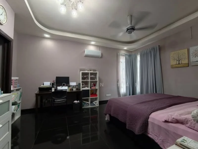 Bedroom features: king-size bed with pink bedding, dark wood bedside table, 3-blade ceiling fan with light, wall-mounted air conditioning unit, dark tiled flooring, purple accent wall, white curtains, desk with computer and chair, bookshelf with open shelving, framed artwork on wall, clock on wall, decorative items on shelves; style: modern.