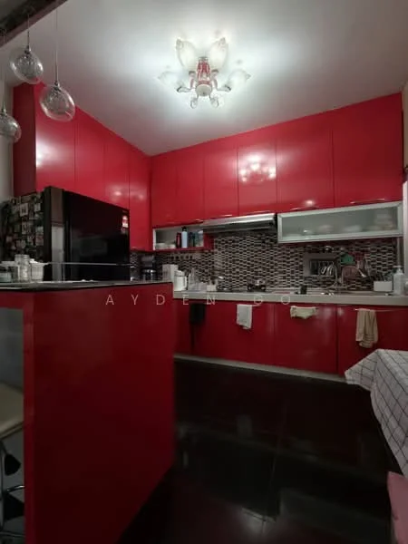 Kitchen features: red high-gloss cabinetry, black countertop, stainless-steel sink, chrome pull-down faucet, built-in oven, freestanding refrigerator, mosaic tile backsplash, pendant lighting, black tile flooring, open shelving, kitchen island with seating; style: modern.