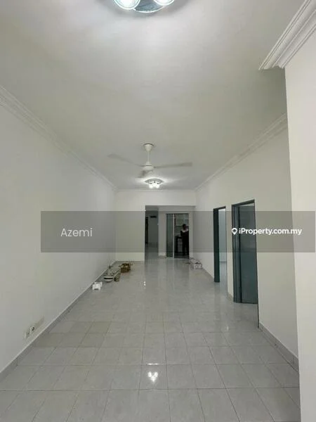 Room features: white painted walls, glossy ceramic tile flooring, ceiling with crown moulding, 5-blade ceiling fan with light, recessed downlights, open layout, neutral color scheme, no visible furniture; style: modern.
