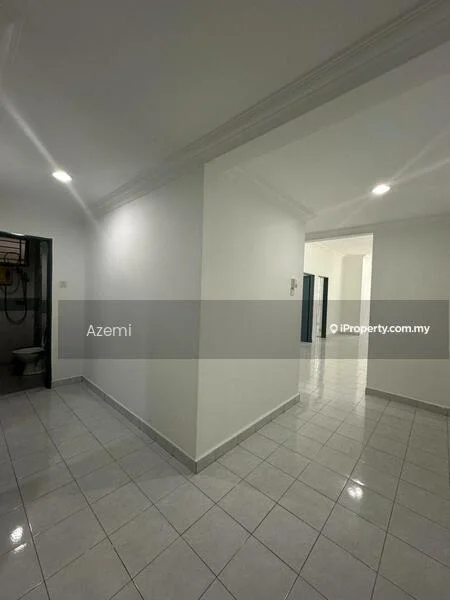 Room features: white painted walls, glossy ceramic tile flooring, recessed downlights, crown moulding, doorway leading to another room, doorway leading to bathroom, neutral color scheme, spacious layout; style: modern.