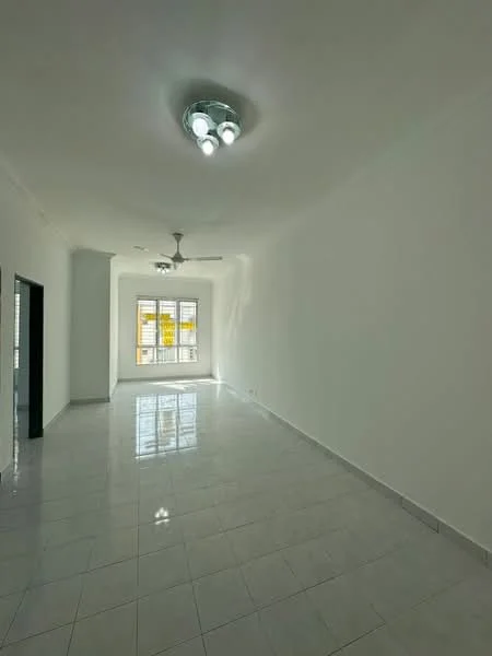 Room features: white painted walls, glossy white tile flooring, ceiling light fixture with multiple bulbs, ceiling fan, large window with multiple panes, natural light from window, no visible furniture, open space layout; style: modern.