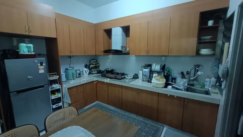 Kitchen features: brown wooden cabinetry, stainless-steel fridge, built-in gas stove, exhaust hood, ceramic tile backsplash, laminate countertop, double-bowl stainless-steel sink, wall-mounted shelves, dining table with chairs, kitchen utensils, dish rack, microwave, kettle; style: modern.