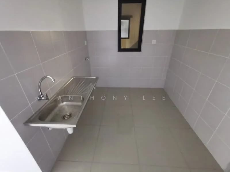 Laundry features: single-bowl stainless-steel sink, chrome faucet, grey tiled walls, white tiled flooring, mirror on wall, wall-mounted electrical outlet, drainage outlet, spacious layout; style: modern.