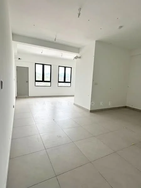 Room features: white painted walls, tile flooring, large windows, ceiling lights, neutral color scheme, open layout, corner space, no visible furniture; style: modern; view: city.