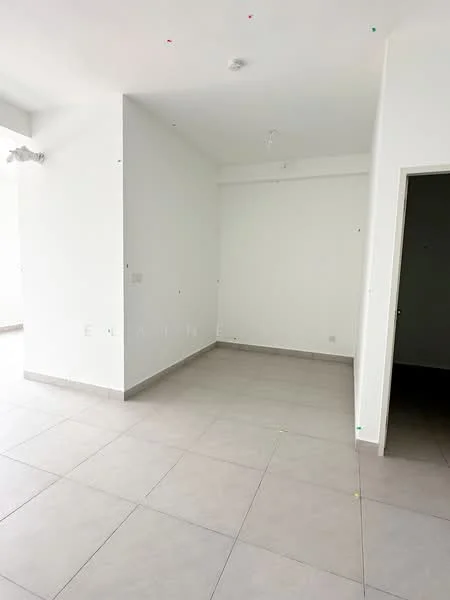 Room features: white painted walls, grey floor tiles, recessed ceiling lights, single ceiling light fixture, open layout, large windows, neutral color scheme, no visible furniture; style: modern.