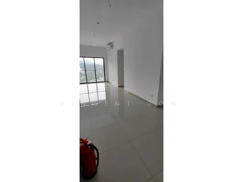 Room features: white painted walls, polished ceramic tile flooring, floor-to-ceiling windows, mountain view, 1 wall-mounted split AC, recessed downlights, neutral color scheme, open layout; style: modern; view: mountain.