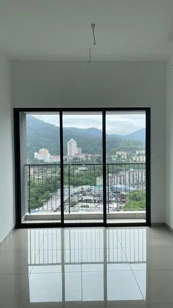 Room features: white painted walls, glossy tile flooring, floor-to-ceiling windows, black metal railing, mountain view, city skyline view, natural light, minimalist design; style: modern; view: mountain.
