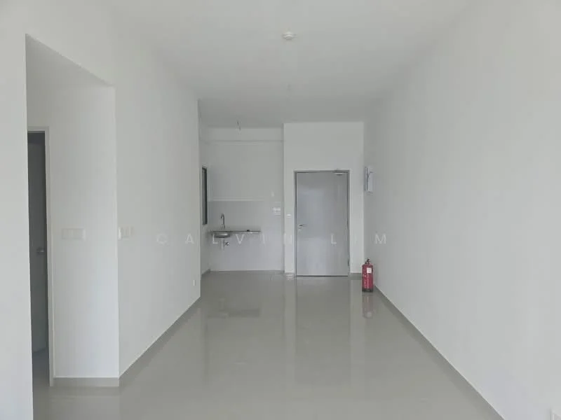 Room features: white painted walls, polished ceramic tile flooring, single-bowl stainless-steel sink, kitchen countertop, door to adjacent room, fire extinguisher, window, light fixture; style: modern.