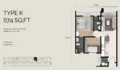 Floor plan: 2-bedroom 1-bathroom unit; features: open-plan kitchen-dining-living, master bedroom with ensuite bathroom, all bedrooms with windows, balcony off living room, utility room, central foyer, 1 car porch, 1,074 sqft built-up.