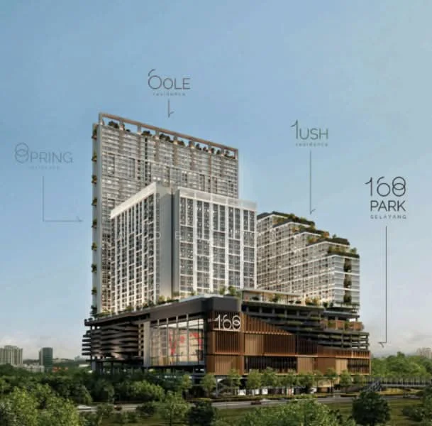 Exterior type: high-rise condominium; features: glass curtain wall, greenery on balconies, multiple recessed balconies, modern architectural design, landscaped podium, surrounded by greenery, prominent signage, multi-level structure; style: modern.