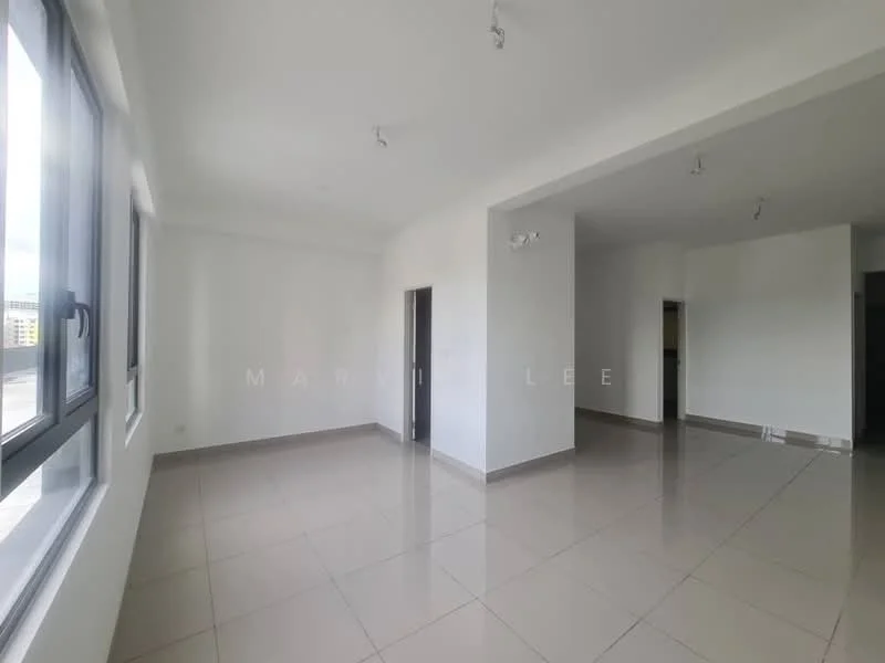 Room features: white painted walls, tile flooring, large windows, recessed ceiling lights, open layout, neutral color scheme, corner room, no visible furniture; style: modern; view: city.