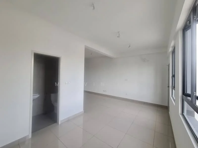Room features: white painted walls, tile flooring, recessed downlights, large windows, doorway leading to bathroom, open layout, neutral color scheme; style: modern.
