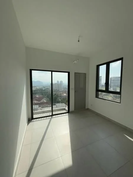 Room features: white painted walls, grey tiled flooring, floor-to-ceiling windows, sliding glass door, balcony access, mountain view, natural light from windows, single ceiling light fixture; style: modern; view: mountain.