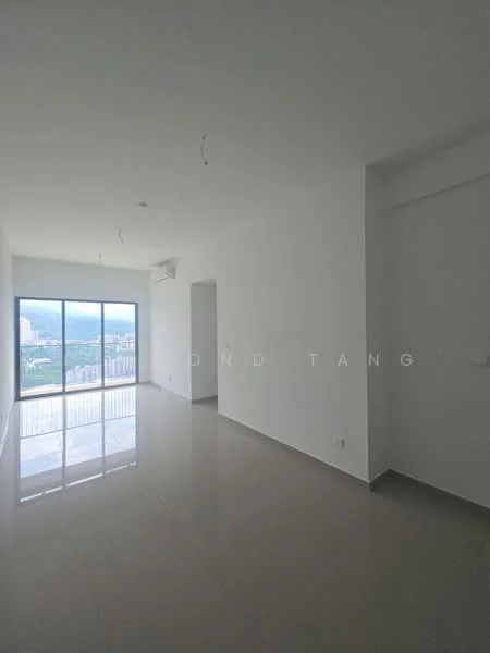 Living features: white painted walls, polished ceramic tile flooring, floor-to-ceiling windows, city view, recessed downlights, air conditioning unit, open layout, neutral color scheme; style: modern; view: city.