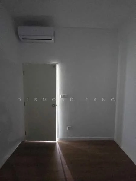 Room features: white painted walls, wooden flooring, 1 wall-mounted split AC, door, light source from door gap.