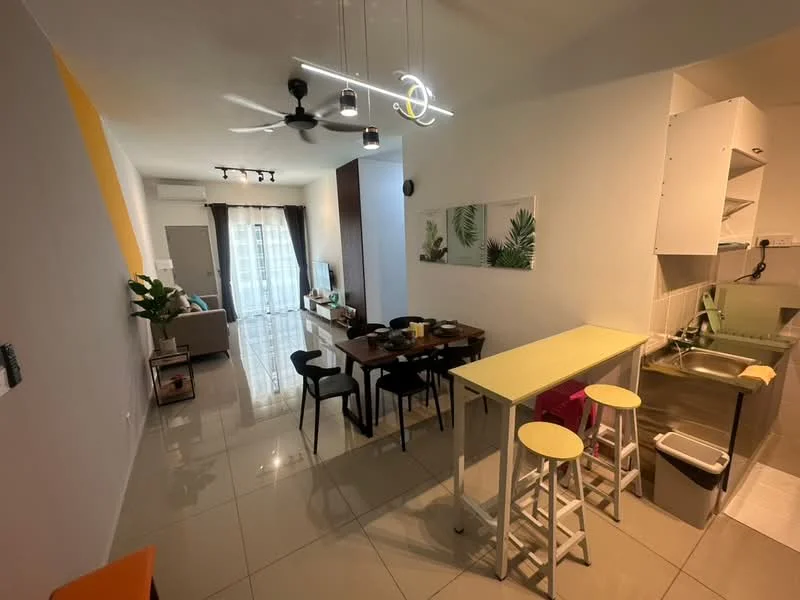 Living features: grey tiled flooring, white painted walls, 5-blade ceiling fan with light, recessed LED downlights, sofa in beige, coffee table, TV console, floor-to-ceiling windows with sheer curtains, dining table with black chairs, kitchen island with yellow countertop, stainless-steel sink, built-in cabinets, decorative wall art with plants; style: modern. Kitchen features: white cabinetry, stainless-steel appliances, grey tiled backsplash, kitchen island with yellow countertop, stainless-steel sink, built-in cabinets; style: modern.