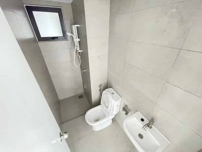Bathroom features: white toilet, white bidet, shower with wall-mounted faucet, grey tile walls, light grey tile flooring, small window, chrome fixtures; style: modern.