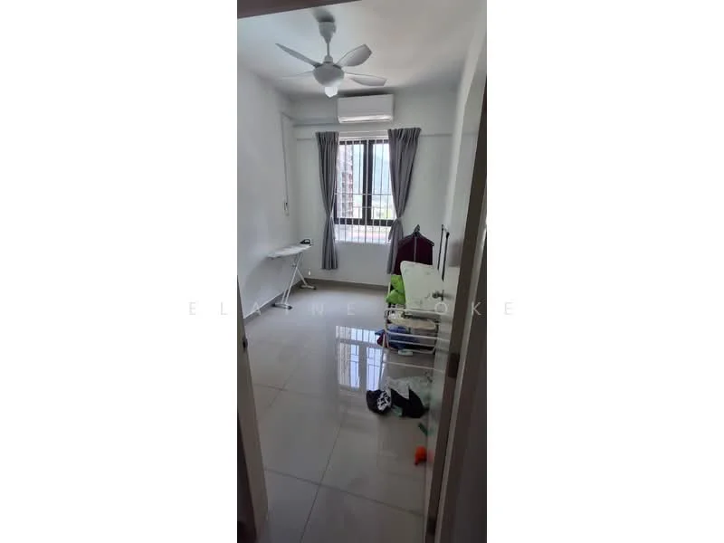 Bedroom features: white painted walls, glossy tile flooring, 5-blade ceiling fan, floor-to-ceiling window, grey curtains, folding table, clothes rack, scattered personal items; view: city.