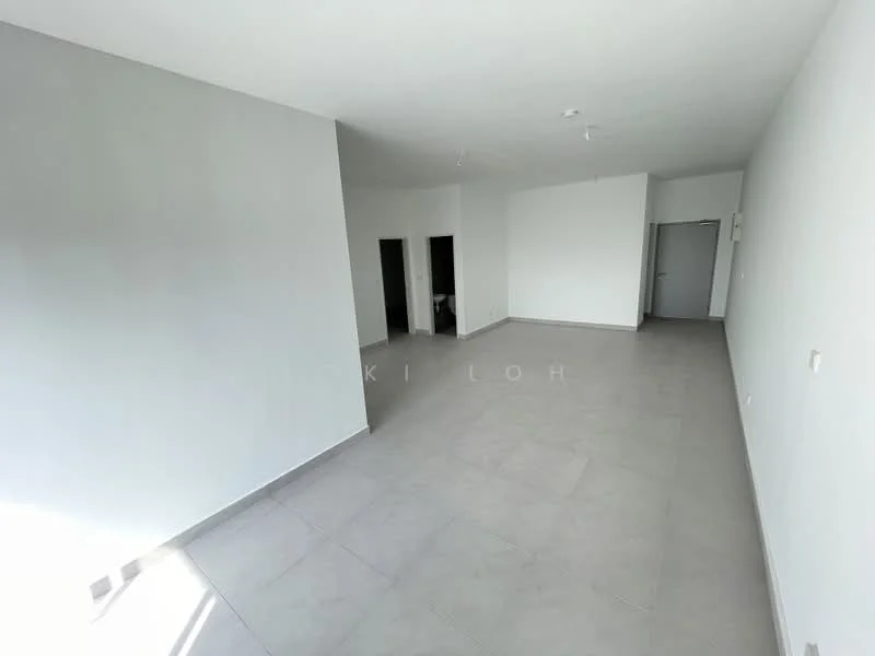 Room features: grey tiled flooring, white painted walls, recessed ceiling lights, multiple doorways, large windows, open layout, no visible furniture, neutral color scheme; style: modern.