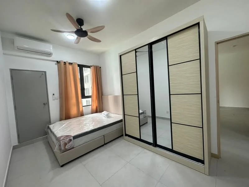 Bedroom features: queen-size bed, upholstered headboard, built-in wardrobe with mirrored doors, 1 wall-mounted split AC, ceiling fan with light, white painted walls, grey tiled flooring, curtains in orange, floor-to-ceiling window, decorative wall light; style: modern.