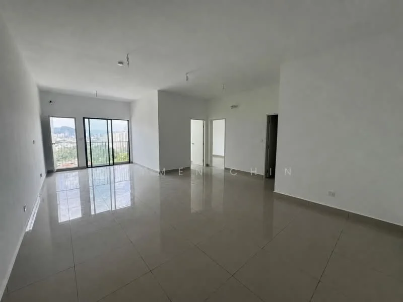 Living features: white painted walls, polished ceramic tile flooring, floor-to-ceiling windows, sliding glass door, city view, recessed downlights, open layout, neutral color scheme; style: modern; view: city.